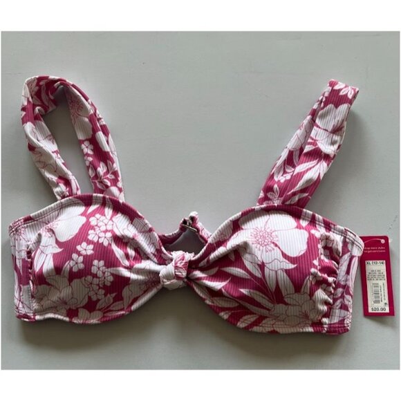 Xhilaration Juniors' Ribbed Knot-Front Bralette Bikini Top Pink Floral XL - Picture 1 of 4